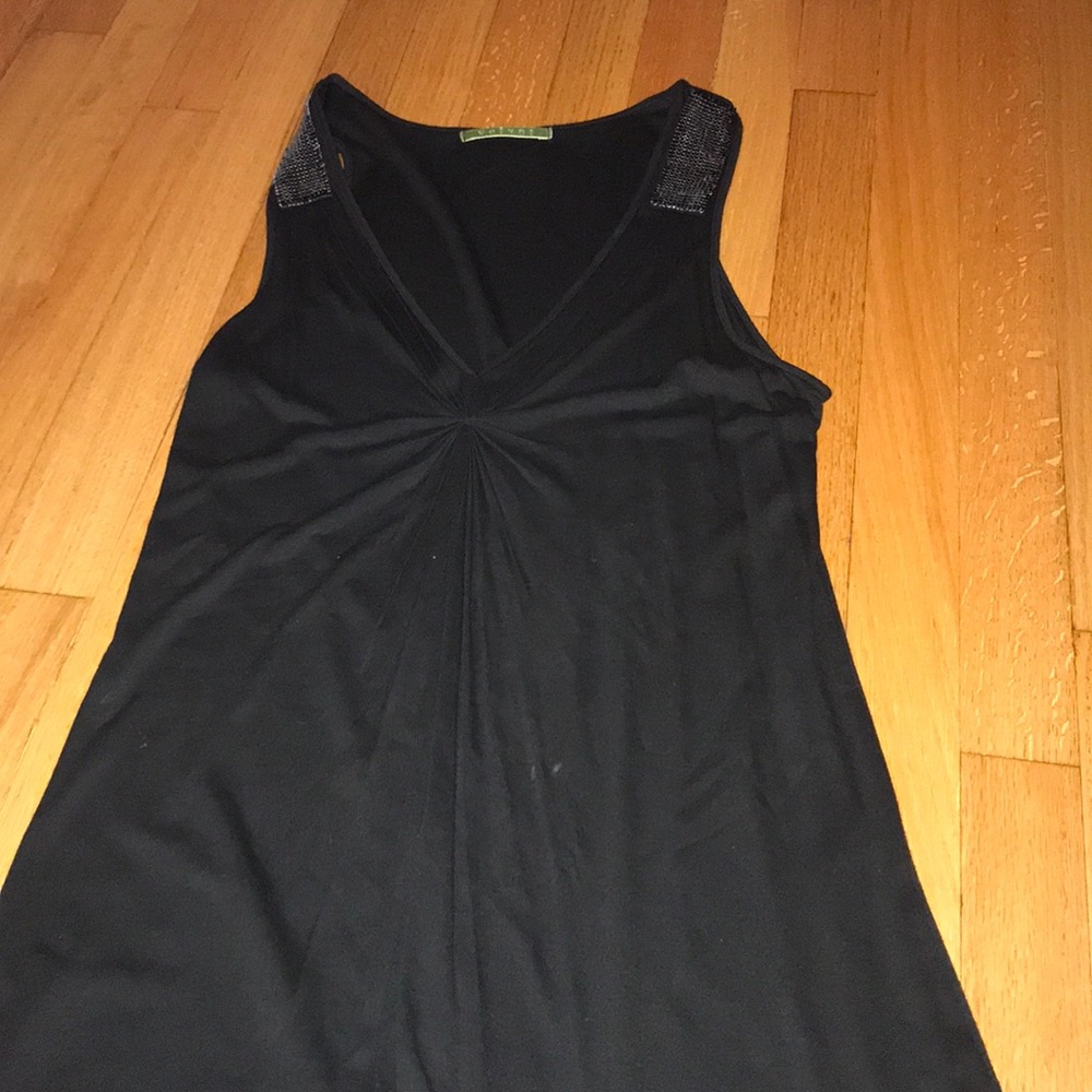 black shift dress with sequins on straps
